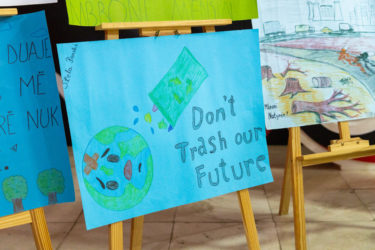 En planche tegnet af Stela med det tydelige budskab: Do not trash our future (Dansk: Foruren ikke vores fremtid)